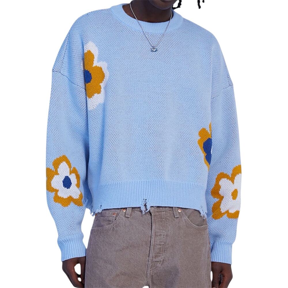 PacSun Unisex Blue Floral Distressed Hem Sweater Oversized Knit Sz Medium Boho